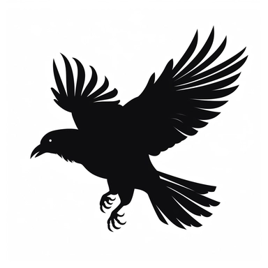 black and white silhouette of a flying halloween bird, clipart style, white background, thick lines, vector, simple design, flat colour, solid colour