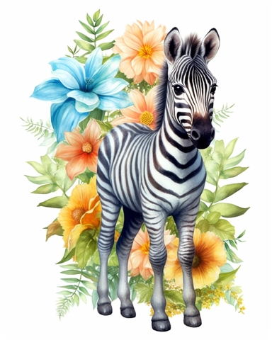 detailed watercolor Baby Zebra standing on flowers , hyper realistic, isolated on a white background, clipart