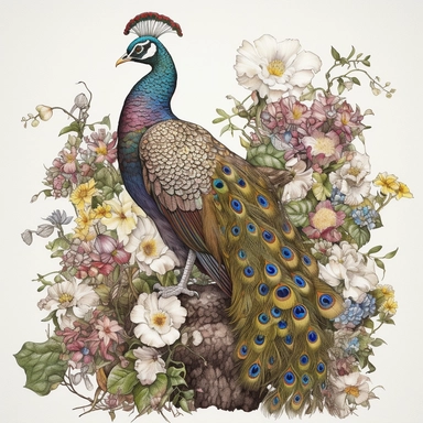 a peacock displaing in the style of James Christensen, summer flowers ,clipart, watercolor style, fantasy, ultra detailed, white plain background, single object, print on demand image, PNG transparent background, white background for removing background