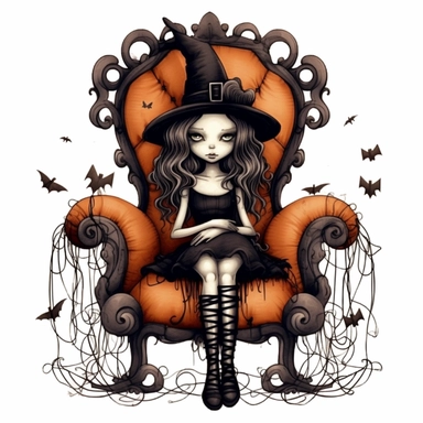 halloween cute witch sitting on a 18th century chair, clipart, in the style of tim burton, background is only white
