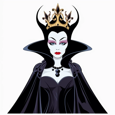 2d partially lined clipart illustration of an evil but beautiful queen, in the style of 1959's sleeping beauty movie, white background