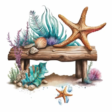 Boho nautical style, wedding bench, sea star, seashell, fantasy, white background, watercolor, hyperrealism, high detail, separate elements, set, clipart