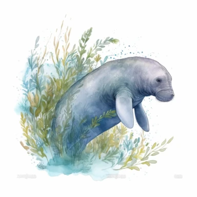 hand drawn Florida manatee, in crystal blue water, underwater with plants, very detailed and realistic, watercolor, white background with margins, clipart style