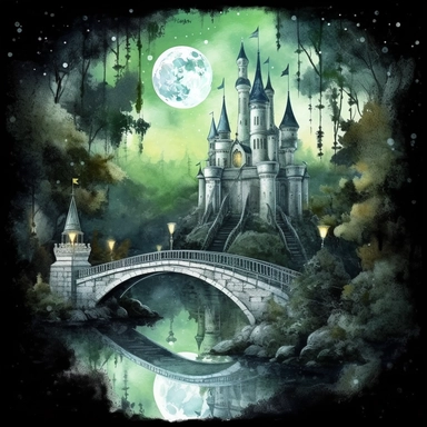 light watercolor Fantasy green Castles night scenery on the moon in the garden forest and bridges realistic clipart on black background
