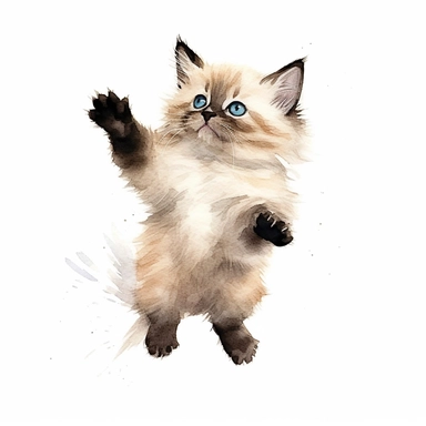 hand painted watercolor clipart, cream black colored birman kitten jumping in the air and leaping forward wants to grab something, profile view, excited expression on face, childlike innocence and excitement, full body visible, hairs are visible, visible tail, I can't believe how cute, professional watercolor drawing, watercolor paper texture on drawing, isolated on white background