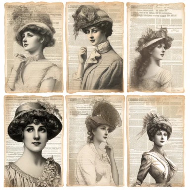 vintage style woman newspaper illustrations clipart set, detailed 4k, clipart style, background white