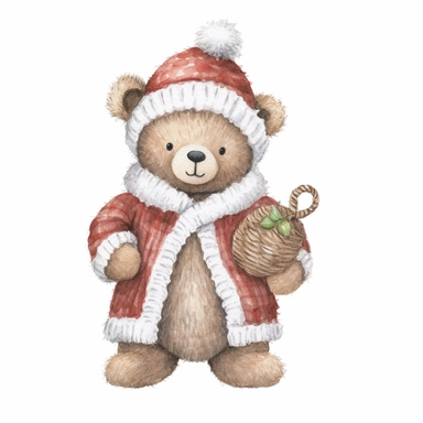 A watercolor cute Santa Teddy bear, full color, knitted painting texture, Perfect for nursery art and children's book illustration style, simple, cute, full color, clipart, watercolor illustration, single object, high definition 8k, white background for removing background
