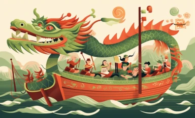 chinese new year dragon design dragons fish boat cartoon clipart, in the style of light green and crimson, uhd image, dutch marine scenes, sopheap pich, traditional costumes, arthur dove, multi-layered figures
