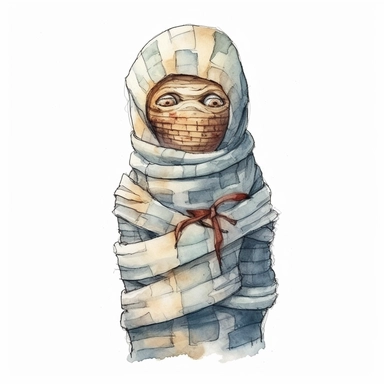 watercolor style, Mummy: A wrapped-up figure representing an ancient Egyptian mummy, depicted with bandages and glowing eyes. clipart, isolated on white background, 4K