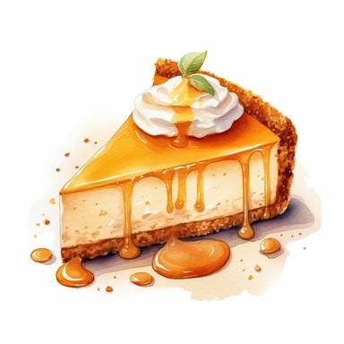 This highly detailed watercolor clipart portrays a delectable pumpkin cheesecake on a pristine white background. The artwork captures the essence of this seasonal dessert with remarkable precision and vibrant colors. The cheesecake is depicted with intricate brushstrokes, showcasing its creamy texture and rich pumpkin flavor. The crust, resembling a blend of graham crackers and spices, is rendered with delicate details. The pumpkin filling, a warm shade of orange, is depicted with depth and dime