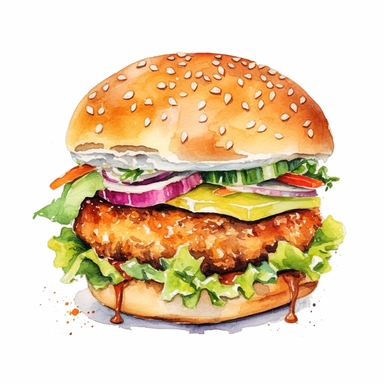 basic watercolor chicken burger in minimal hand drawn style, Etsy, textured, clipart, white background