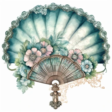 Victorian Hand Fan: Design a clipart featuring a beautiful Victorian hand fan with intricate lace detailing and a decorative handle, watercolor Clipart, watercolor Sublimation graphics, hand drawn illustration by james christensen style, Watercolor clipart, single design, single object, print on demand image, PNG transparent background, white background for removing background - - no text shadow font watermark, 8k