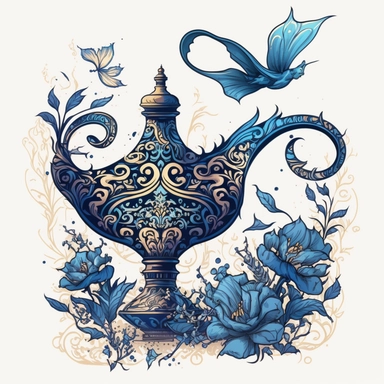 clipart, In this image, we see a stunning depiction of a Flying Genie Spirit from Magic Lamp in Aladdin Style, surrounded by beautiful flowers, rendered in a Gothic Arabian Fantasy style with blue watercolor. The genie is portrayed in vivid detail, with intricate designs and patterns that add to its sense of magic and wonder. The Aladdin Style, as seen in the Disney cartoon, adds a sense of adventure and wonder to the image, with the genie representing a powerful and enigmatic figure that can be