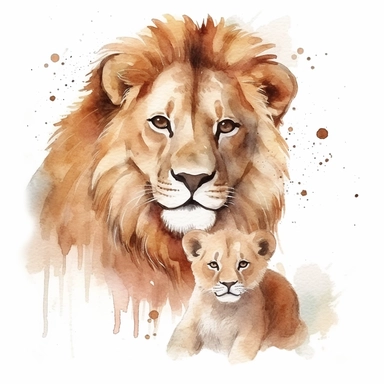 watercolour clipart, loin and baby lion, rich earth tones, sublimations