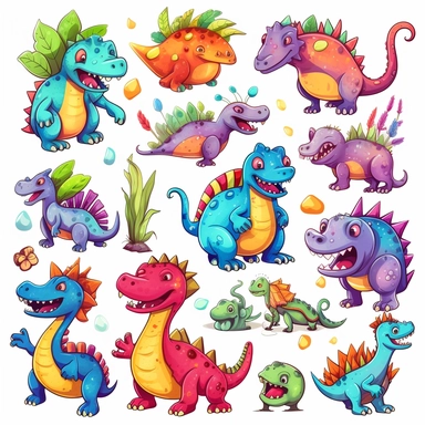 clip art elements, friendly cartoon dinosaurs and bones, bright colours