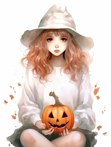 watercolor painting, cute girl wearing halloween witch hat, sangchae wearing white lace skirt, sweatshirt with cute pumpkin drawing, mischievous expression, clipart, 8k, HD, white background,