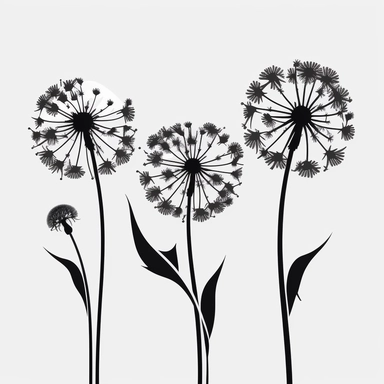 three dandelion flowers silhouette on a white background, simplified, black-and-white graphic clipart, simple illustration, hand drawn art, dandelion floral bouquet, cartoonish simplicity, graphic outline of dandelion flowers, minimalist design, two dimensional,