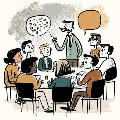 clipart of image that captures a lively and dynamic group of business professionals in a meeting room, with one person standing in front of a whiteboard and leading a discussion. The group is actively engaged in a conversation, with some participants taking notes, others nodding in agreement, and some making suggestions and asking questions. The room is well-lit and tastefully decorated, creating a professional and comfortable atmosphere. The person leading the discussion is a seasoned business 