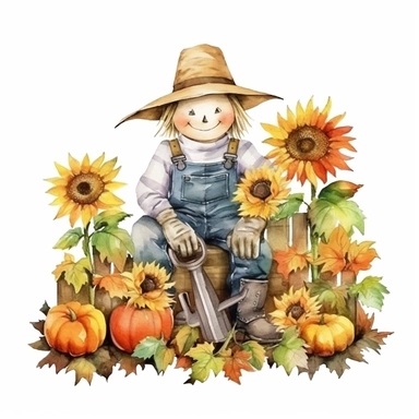 watercolour cute and friendly scarecrow in a flower bed, clipart on white background, no watermark, highly detailed, professional color gradation, clean sharpness