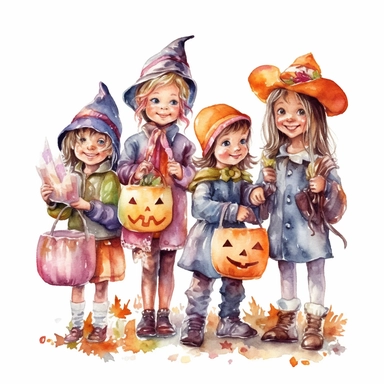 Generate a watercolor clipart image of a group of trick-or-treaters dressed in costumes and holding their candy bags on a Halloween night, white background