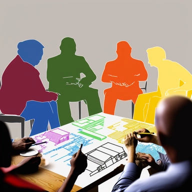 a community writes a neighborhood plan together, many hands on the planning document. each person is a different bright primary color in a clipart style.