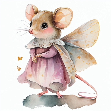 clipart watercolor little mouse girl is dressed like a fairy with wings