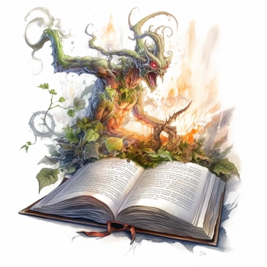 Solid white background, Detailed watercolor open ancient magic book with carnivorous man eating vines swelling from the book's pages clipart. The visable pages of the book have fire etched runes on them visibly.