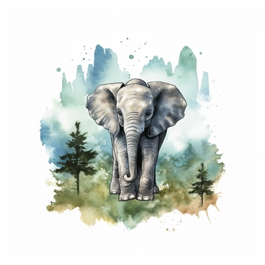 watercolor style, baby elephant with the mountain forest in the back clipart, isolated on white background, hd, t-shirt design