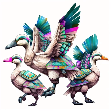 Illustration in boho style, clipart, sublimation drawing Alien armed white wild geese in body armor fly to the aid of Ukraine. Bright colorful colors. White empty background, high quality 8k, quality detail