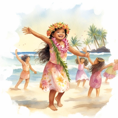 watercolour, beautiful soft colours, tropical island setting, showcase an adorable little Hawaiian girl doing the hula on the beach with her family, she feeling is happy, celebration, they are all wearing flowers in their hair, beautiful clipart style