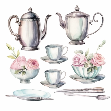 Watercolor vintage silver tea set , illustrations clipart set, simple, soft colors, cartoon elements, different variants, teapot, sugar bowl, jug of milk, , stacked china plates, tongs, china cup and saucer,napkin, stacked teacups, ,silver knife, ,silver fork, ,silver spoon,napkin, place holders, vase of flowers, separate elements with a margin