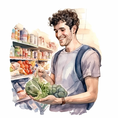 watercolor detailed illustration of An extremely happy smiling young man making groceries in a grocery store, clipart, white background