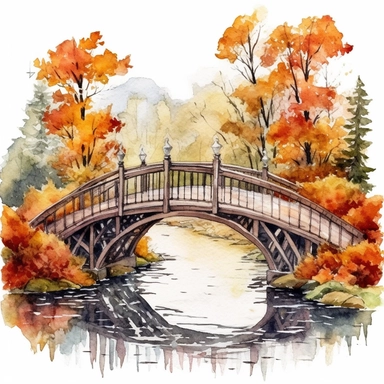 watercolor, hyper realistic, white background, white margins, 16k, ultra detailed clipart, cut out image, hand-drawn a picturesque bridge spanning a river, surrounded by trees in their autumn glory, symbolizing the transition of seasons. earthy color, in the style of pencilsteampunk, delicate watercolor, creative commons attribution, miniaturecore, grocery art, white and amber, website