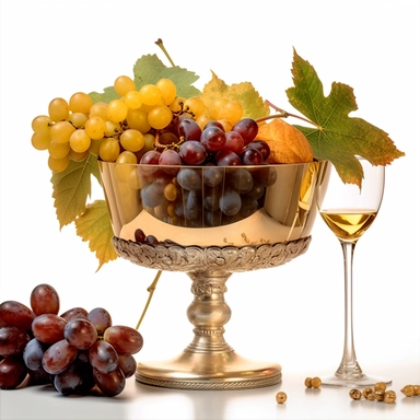 classic fine art photography of a tropical fruit bowl wine glasses grapes golden leaves, high definition, ultra realistic, clip art on white background k8