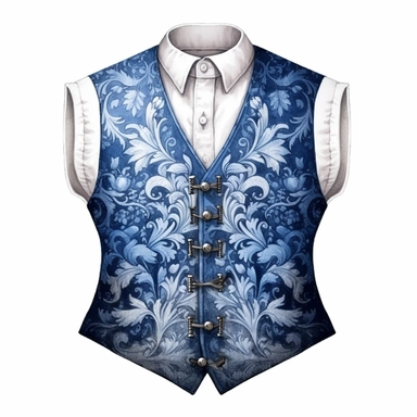 A beautifully patterned Victorian waistcoat in varying hues of captivating blue, hinting at the gentleman's mysterious demeanor, Clipart, watercolor, white background, intricate detail.