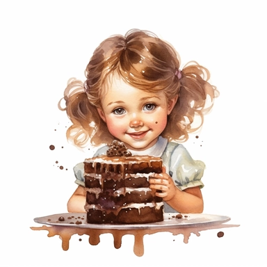 adorable cute vintage little girl eating chocolate cake, watercolor clipart, high quality clipart, no background , high details