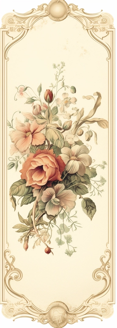 vintage inspired printable rectangle label with intricate sepia colored borders and hand drawn details. detailed with soft watercolor flowers at the top edge only. No text. Isolated clipart on solid white background