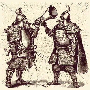 a samurai and a medieval knight standing on either side of a stage shouting at eachother through megaphones cartoon drawing clipart vector black and white detailed crosshatched vintage