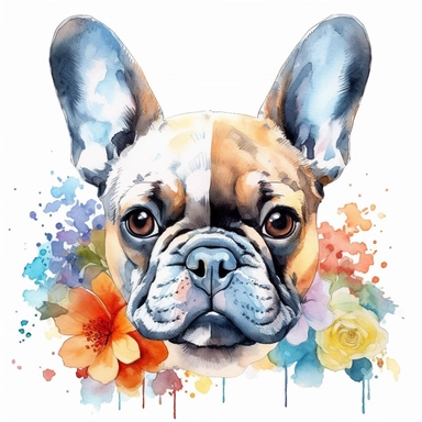 watercolour floral magnificent French bulldog beautifully detailed perfect realistic facial features four perfect legs and paws beautiful perfectly detailed french bulldog beautiful clear detailed graphics, png image,high resolution,300dpi,graphic clipart,computer graphics
