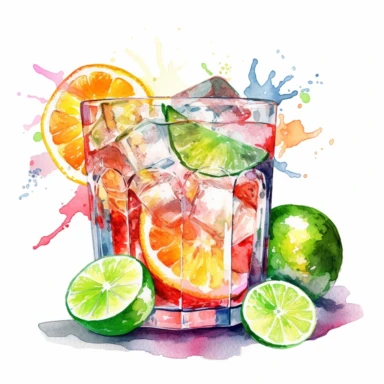 clipart watercolor pastel neon colors - summer cool drink with ice cubes in it and cutted citrus fruits on top - hard contrast - high details - enough space between each item