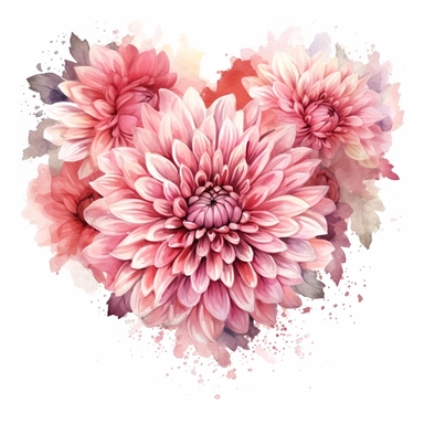 a heart shape made with pink and pastel pink Dahlia flowers, wet on dry watercolour style, antique look, clipart, white background