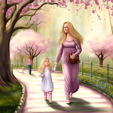 beautiful young pregnant mother with long beautiful blonde hair and toddler daughter with beautiful long auburn hair holding hands walking in park, flowering trees, path lined with benches, highly detailed, realistic, fantasy, ethereal, soft colors, pink, purple and lilac, sharp focus, clipart style