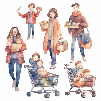 multiple poses characters of family enjoy with Shopping Cart Day, watercolor in cartoon grunge style clipart on white background