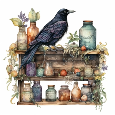 Design an enchanting watercolor clipart of a boho witch's familiar, such as a mystical black raven, perched on old shelves full of jars surrounded by botanical elements. In HD on a white background.