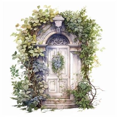 watercolor, hyper realistic, white background, white margins, 16k, ultra detailed clipart, cut out image, hand-drawn a door framed by a blooming vine, with flowers cascading down from above and lush greenery surrounding the entrance, creating a sense of natural beauty and serenity.