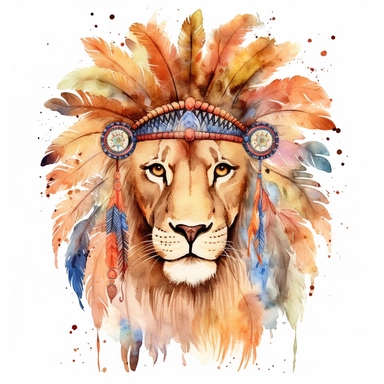 Playful watercolor cute Lion with indian feather crown clipart, isolated on white background, hd