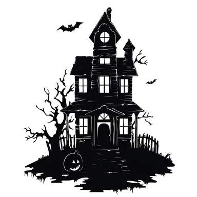 halloween haunted house clipart, black color, white background, minimalistic drawing