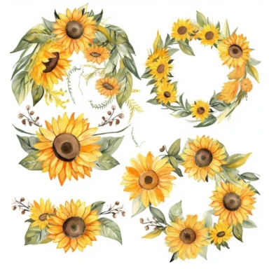 6 Watercolor Sunflowers Clipart, sunflower wreath, fall sunflower floral bouquets in PNG format instant download for commercial use in a propaganda style art
