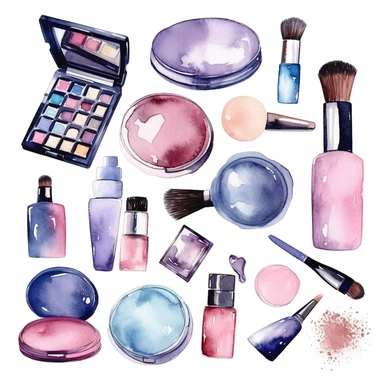Watercolor cosmetic icons isolated on white background. Makeup clipart, elements for a beauty blog, watercolor beauty clipart, self-care, fashion illustration