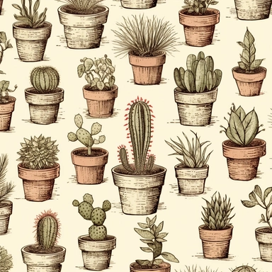 Vintage seamless pattern of cactus and succulents pencil sketch, ephemera paper design with ornate illustrations, vintage, distressed textures, muted colors, craft paper texture, handwriting lines in background, pen and ink on paper with watercolor washes Watercolor, vector, white background, rice paper texture, clipart, Seamless patterns, repeating patterns design, flat illustration, outlined , Vector, 4K, Art station, digital print, highly detailed clean, detailed illustration, 3D vector art, 